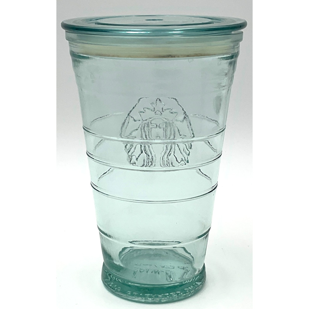 Starbucks Recycled Green Glass Tumbler 16oz Cold Cup Lid Made In Spain 2013 GUC - Picture 2 of 4